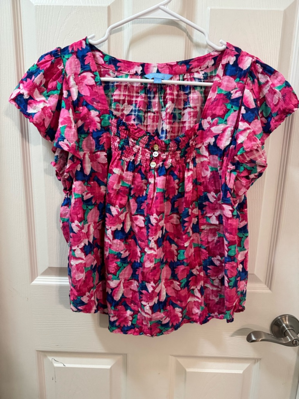 Draper James  Floral Print Flutter Sleeve Squareneck Top Fuschia Pink L - Picture 4 of 8